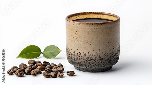 Dark coffee in a light-colored ceramic cup, accompanied by coffee beans and leaves