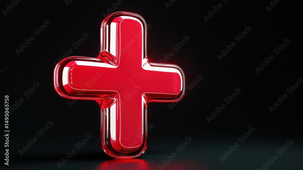 Fototapeta premium A glossy red plus symbol stands out against a dark background, its smooth surface reflecting light and creating a three-dimensional effect with subtle shadows.
