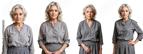 photo realistic full body shot of a georgian elderly woman, white zig zag curls, grey blouse and skirt, relaxed pose, on white background, centered, neutral lighting.