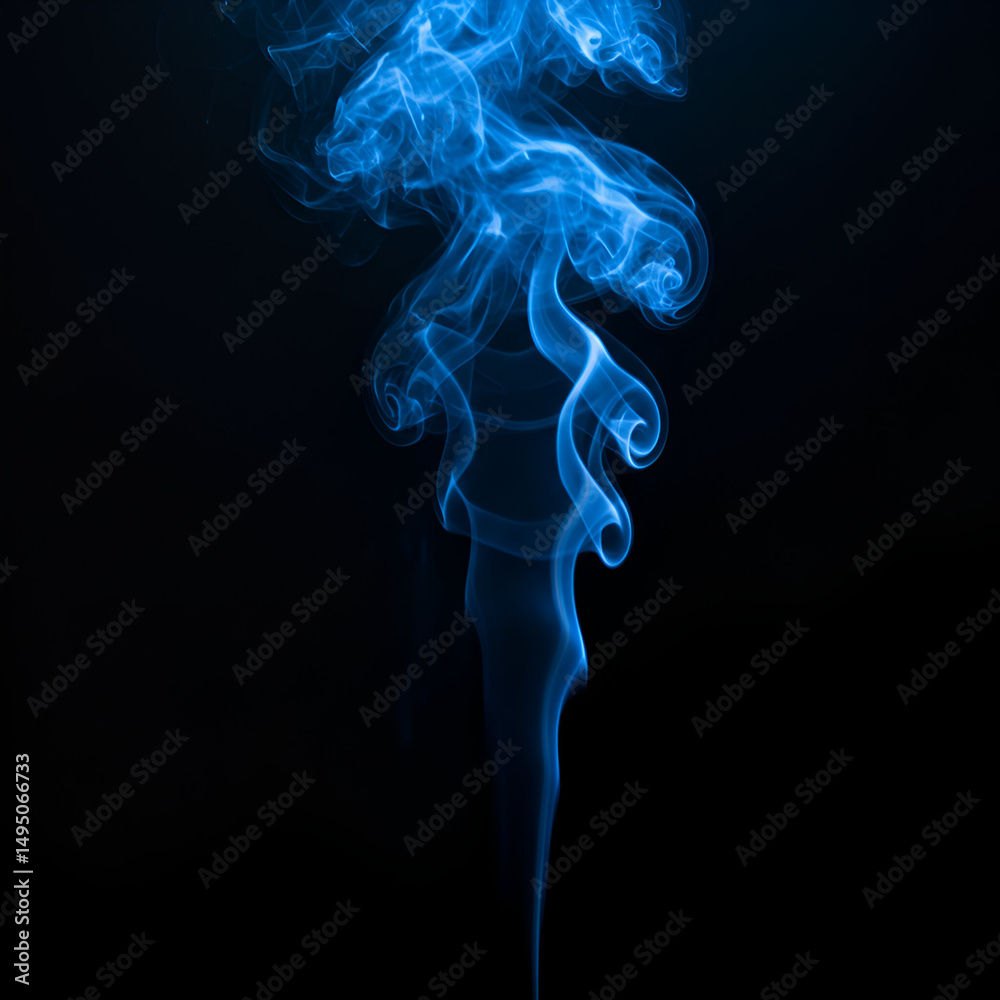 Fototapeta premium Abstract blue smoke swirls against a black background. Dynamic smoke formations with a vibrant blue hue. Abstract art photo suitable for various uses.