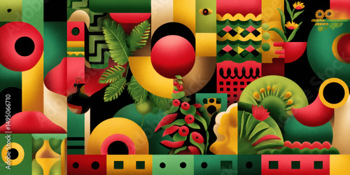 Abstract illustration showcases vibrant shapes and patterns, reflecting cultural heritage and unity, celebrating diversity and creativity for Black History Month and Kwanzaa