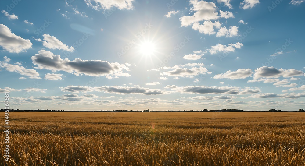 Obraz premium A serene blue sky with a dazzling sun and picturesque, scattered white clouds