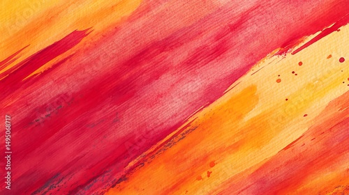 A close-up of vibrant red orange and yellow watercolor strokes blending fluidly with soft transitions and bold splashes of color across textured paper