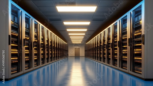 An empty hallway is flanked by rows of server racks emitting warm light in a data center providing computing and storage services for cloud infrastructure.
