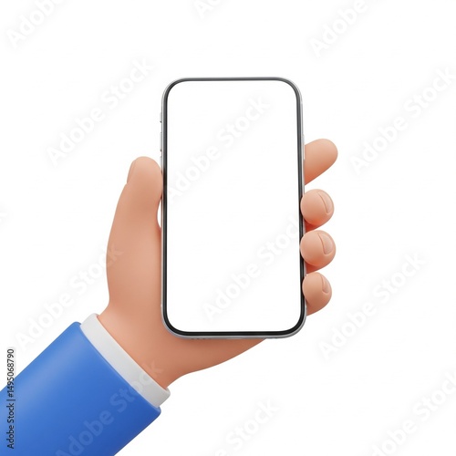 hand holding smart phone with blank screen. 3D illustration, cartoon mockup
