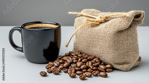Dark coffee in a mug with coffee beans and burlap sack