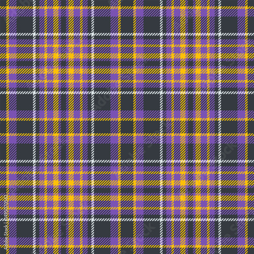 Classic tartan pattern in purple, gold and gray hues. Versatile design ideal for backgrounds, fabrics, fashion, or graphic elements requiring a timeless, textured feel.