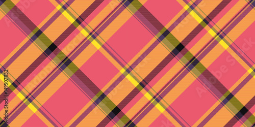 T-shirt plaid check fabric, tracery pattern texture textile. Irish vector tartan background seamless in red and yellow colors.