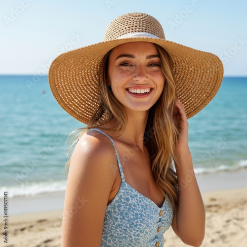 Smiling Woman in Straw Hat on Sunny Beach