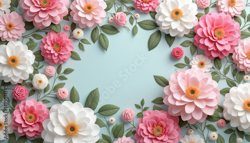 Wallpaper Mural Vibrant pink and white paper flowers surround a light blue space, creating an attractive backdrop for events or crafts Torontodigital.ca