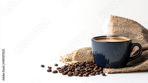 Dark coffee in a mug with coffee beans