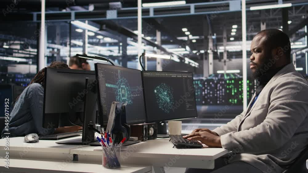 Joyous data center software developer delighted after solving all computer bugs. Smiling african american man in server hub pleased after finishing tasks on PC, overseeing server rigs, camera A