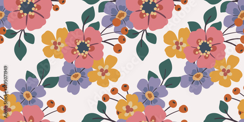 Seamless floral pattern, liberty ditsy print with large hand drawn decorative art flowers. Cute botanical design of pretty colorful flowers, leaves, simple bouquets in folk motif. Vector illustration.