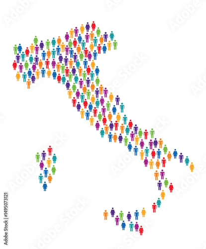 Colorful human icons form the shape of italy map