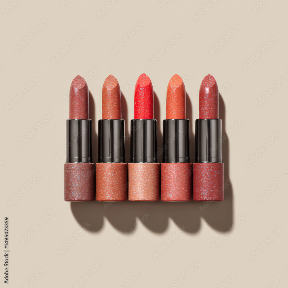 Obraz premium Warm earth tones lipstick collection displayed in flat lay arrangement, showcasing variety of shades from nude to vibrant red. This visually appealing setup evokes sense of beauty and style