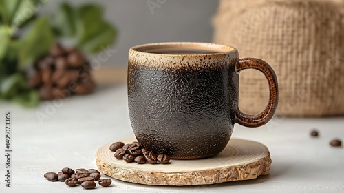 Dark coffee in a textured ceramic mug on a wooden coaster, surrounded by coffee beans and greenery