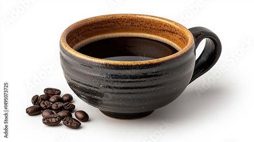 Dark coffee in a textured ceramic mug with coffee beans beside