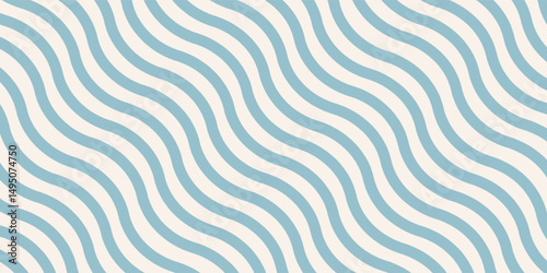 Blue and beige diagonal wavy lines seamless pattern. Simple vector abstract liquid stripes background. Funky groovy texture with diagonal waves, fluid shapes, flow. Stylish repeated decorative design