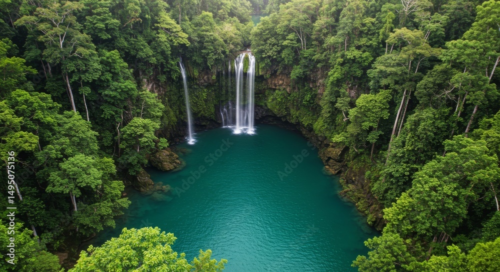Fototapeta premium Aerial View of Lush Tropical Waterfall and Emerald Pool