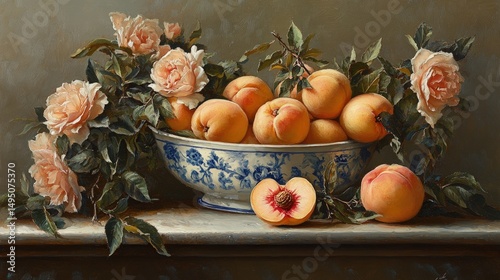 Still life painting of peaches in a blue and white porcelain bowl, adorned with pink roses