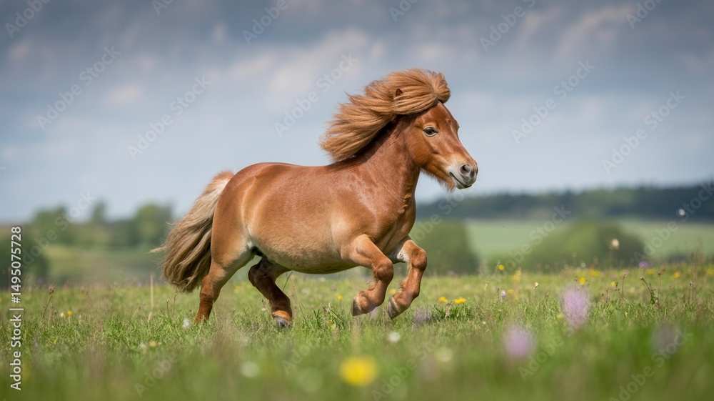 Obraz premium Shetland Pony Running in Field, Small Horse in Motion, Lush Green Pasture, Energetic Farm Animal, Scenic Countryside View