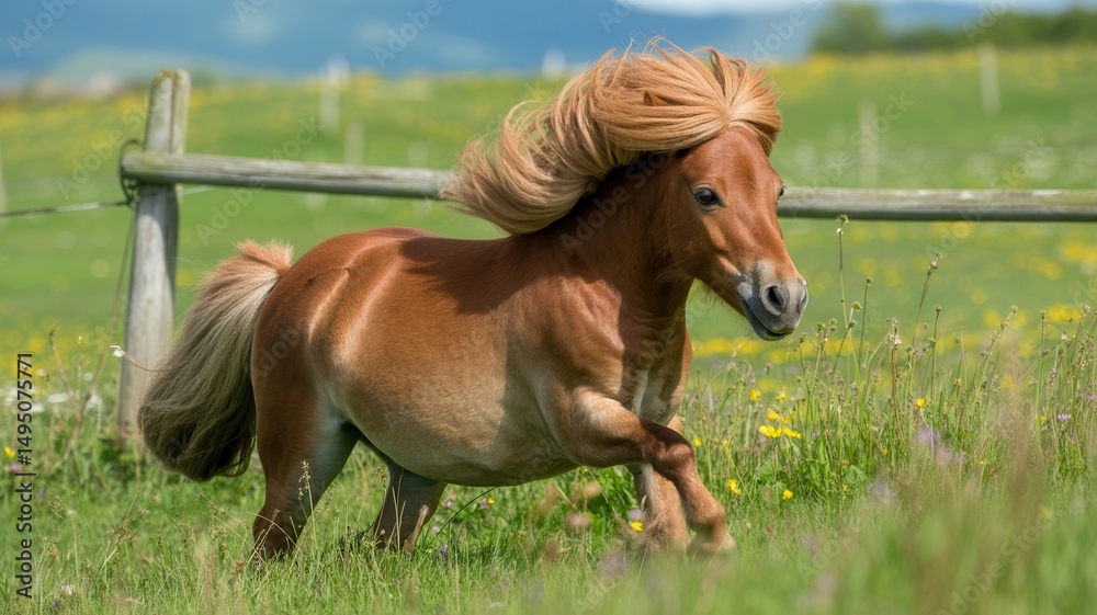 Obraz premium Shetland Pony Running in Field, Small Horse in Motion, Lush Green Pasture, Energetic Farm Animal, Scenic Countryside View