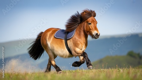 Shetland Pony Running in Field, Small Horse in Motion, Lush Green Pasture, Energetic Farm Animal, Scenic Countryside View

