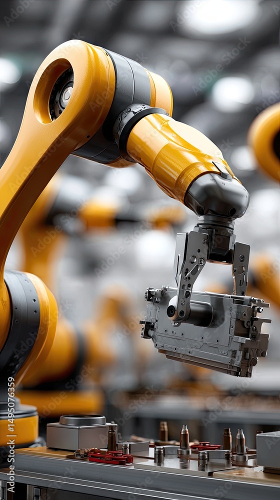 Obraz premium Robotic arms and equipment work seamlessly to produce car exterior parts in a bright, clean industrial space without human presence
