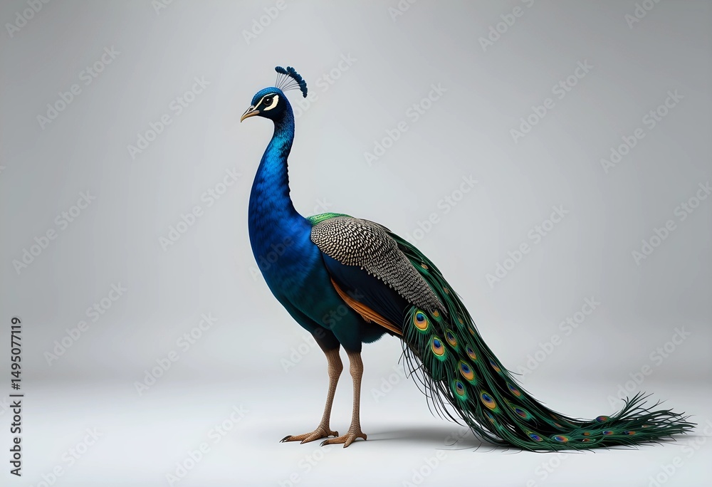 Fototapeta premium Isolated Peacock on White Background with Tail Feathers Down