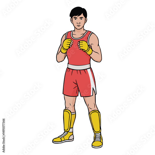 Asian athlete standing on white background in sports equipment. Vector illustration on the theme of sports