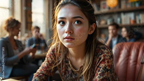 Thoughtful young woman sitting indoors in cafe with soft light, looking away in deep emotional moment, capturing calm mood and reflection