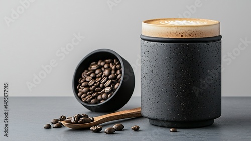 Dark coffee mug and beans on a gray surface
