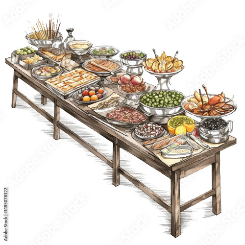 A highly detailed hand-drawn Buffet table 