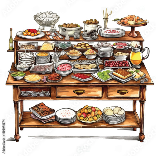 A highly detailed hand-drawn Buffet table 