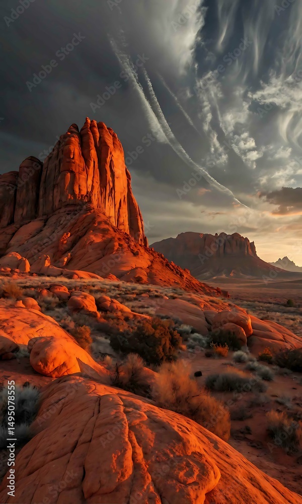 Naklejka premium Dramatic desert landscape with towering rock formations illuminated by golden light