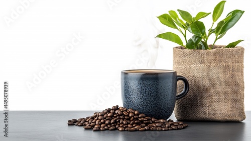 Dark coffee mug with coffee beans and coffee plant