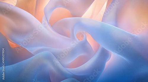 Sheer fabric with peach and blue colors softly swirled around each other. Use it as a gentle background or to evoke calm, dreamy feelings.