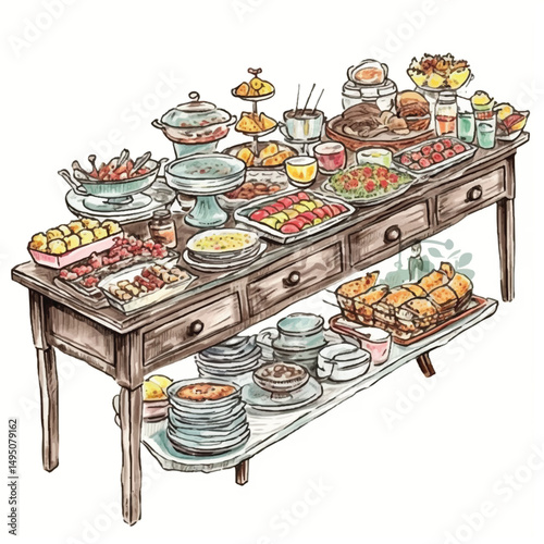 A highly detailed hand-drawn Buffet table 