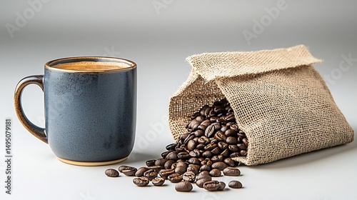 Dark coffee mug beside burlap bag of coffee beans