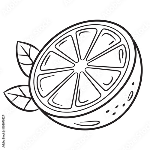 Cute Groovy Summer Line Art Illustration of a Juicy Orange Slice with Leaves and Detailed Segments
