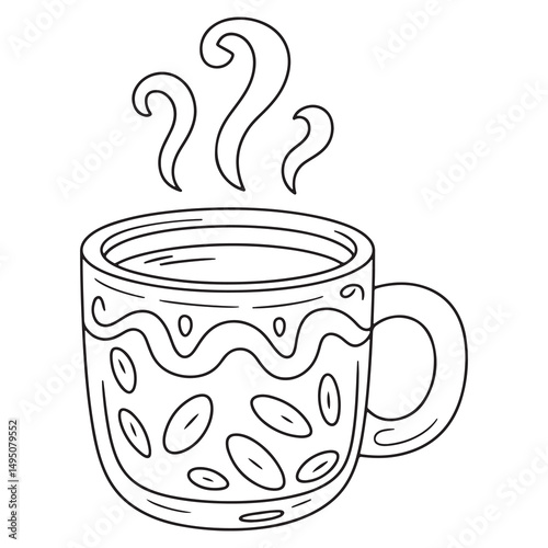 Cute Groovy Summer Line Art Illustration of a Steaming Cup of Coffee or Hot Cocoa with Wavy Swirls