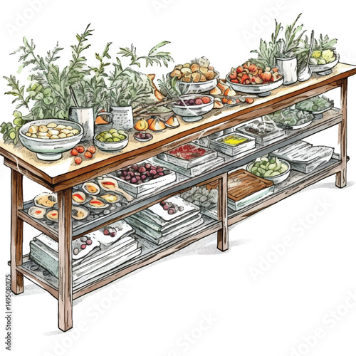 A highly detailed hand-drawn Buffet table 