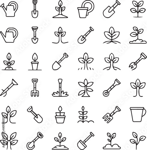 Gardening tools and plant icons collection.