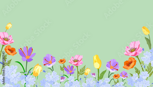 Vintage flower banner with colorful flowers including poppies,cosmos,crocuses,tulips along the bottom edge with light green background,copy space Ideal for greeting cards,invitations,spring-themed