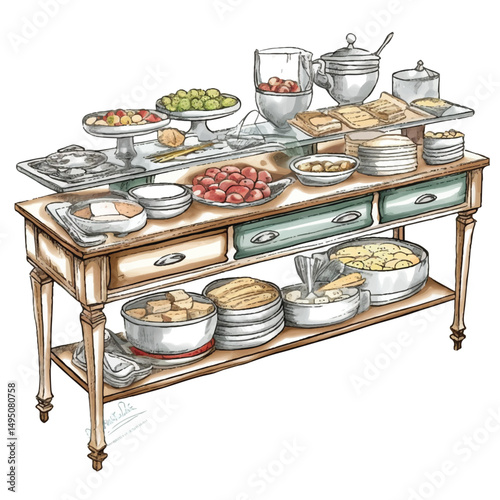 A highly detailed hand-drawn Buffet table 