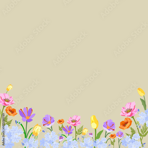 Floral frame with variety colorful flowers pink poppies with a light beige background and ample copy space. cheerful and spring-like design,Ideal for greeting cards,invitations,spring-themed