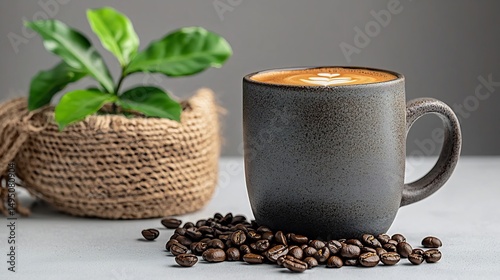 Dark grey mug of latte with coffee beans and plant