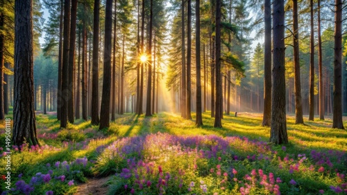 Serene forest with tall trees and vibrant wildflowers, landscape, scenery,  landscape, scenery, verdant, foliage, garden