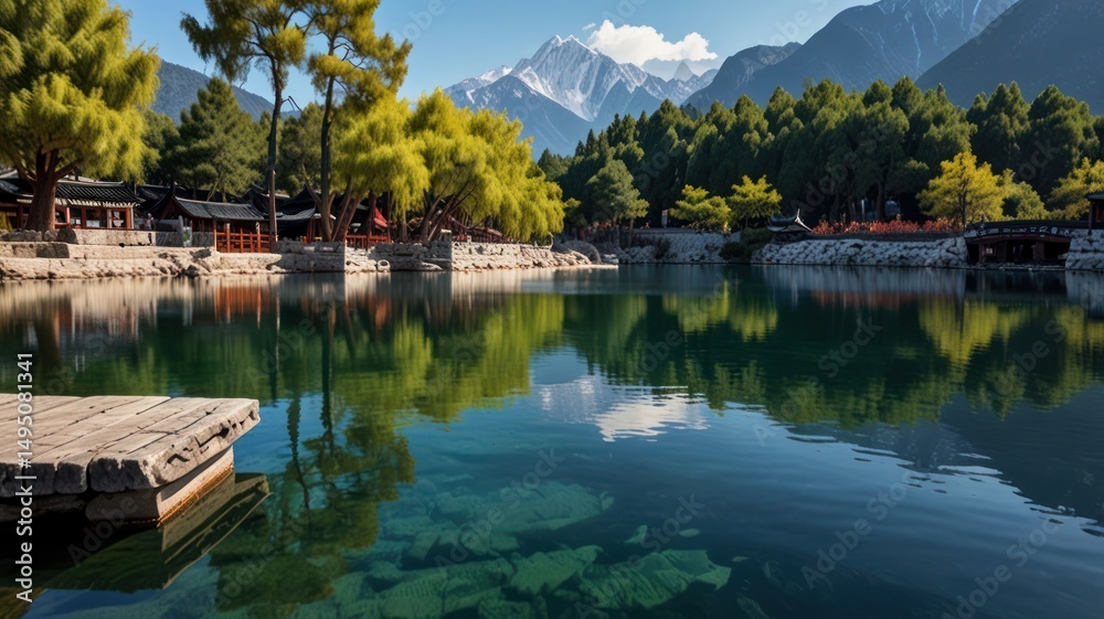 Fototapeta premium Tranquil lake nestled amidst mountains and trees, reflecting a serene sky