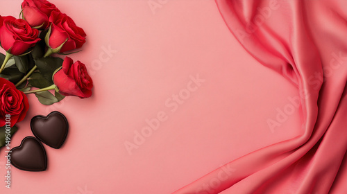 Elegant valentines day composition featuring red roses chocolate hearts and luxurious pink fabric